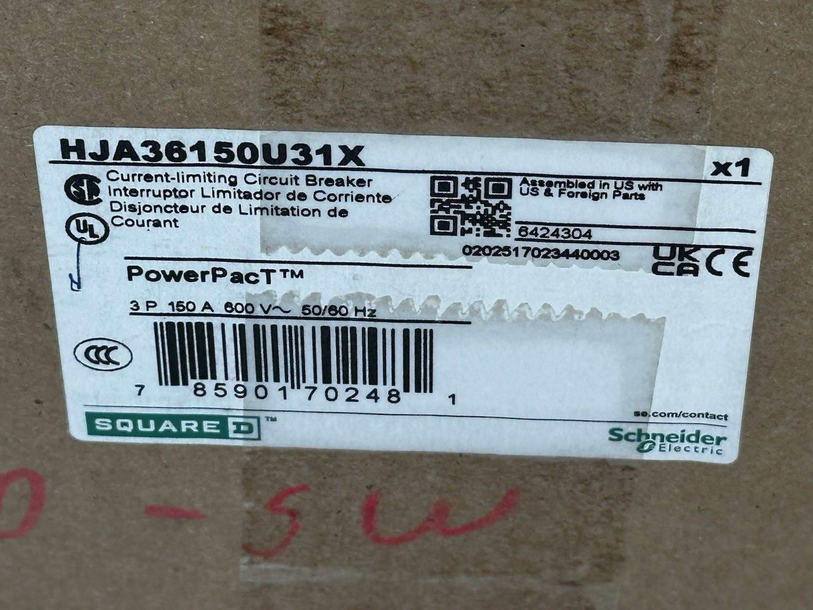 Square D HJA36150U31X PowerPacT 150A 3 Pole 600V Circuit Breaker NIB
