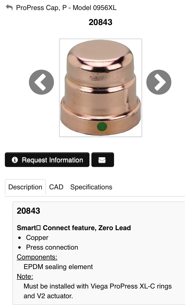 3” 20843 Viega ProPress Cap Copper Tube Pipe P X Cap Fitting Model 0956XL
