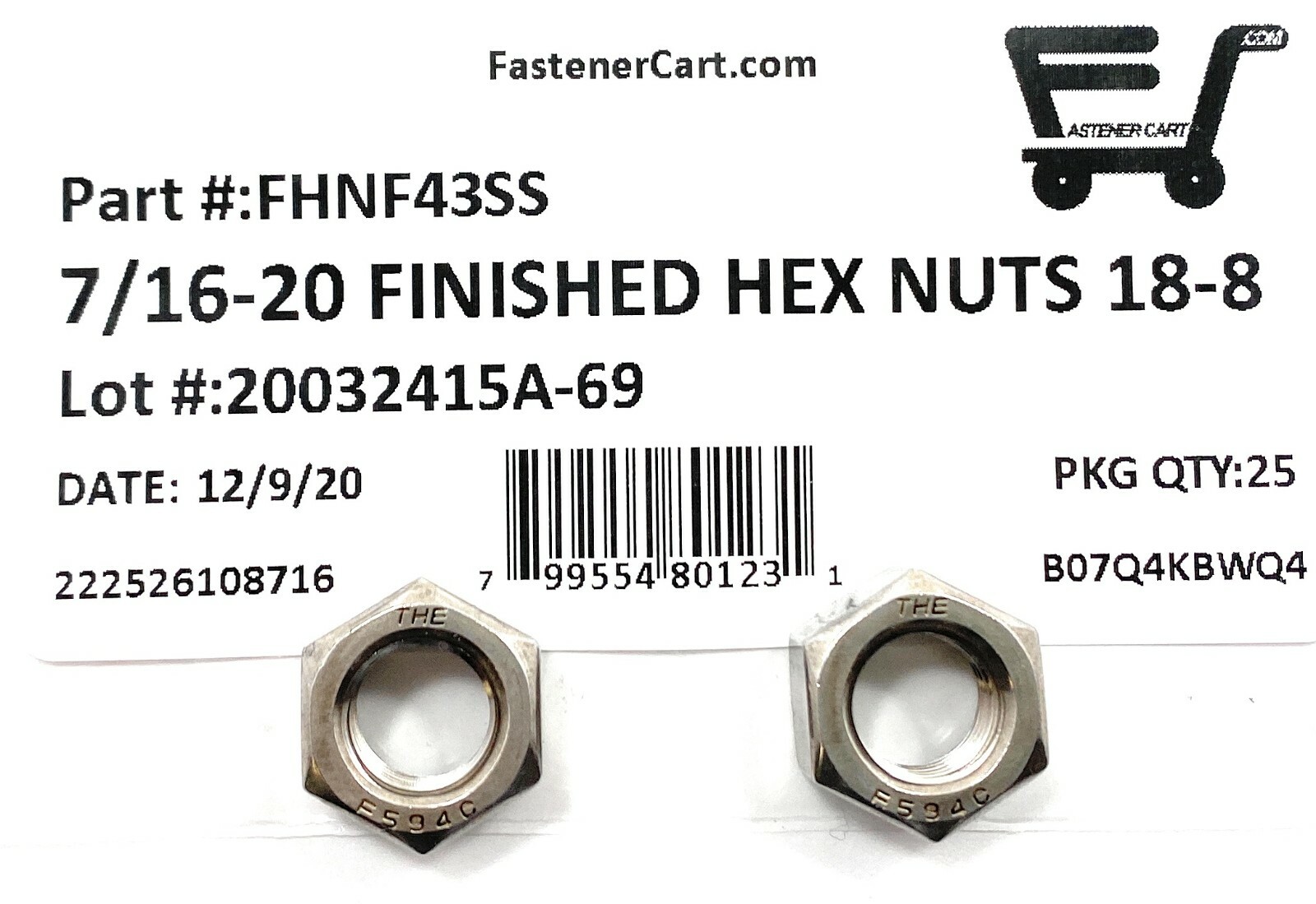 (25) 7/16-20 Finished Hex Nuts Stainless Steel (25 Pieces)