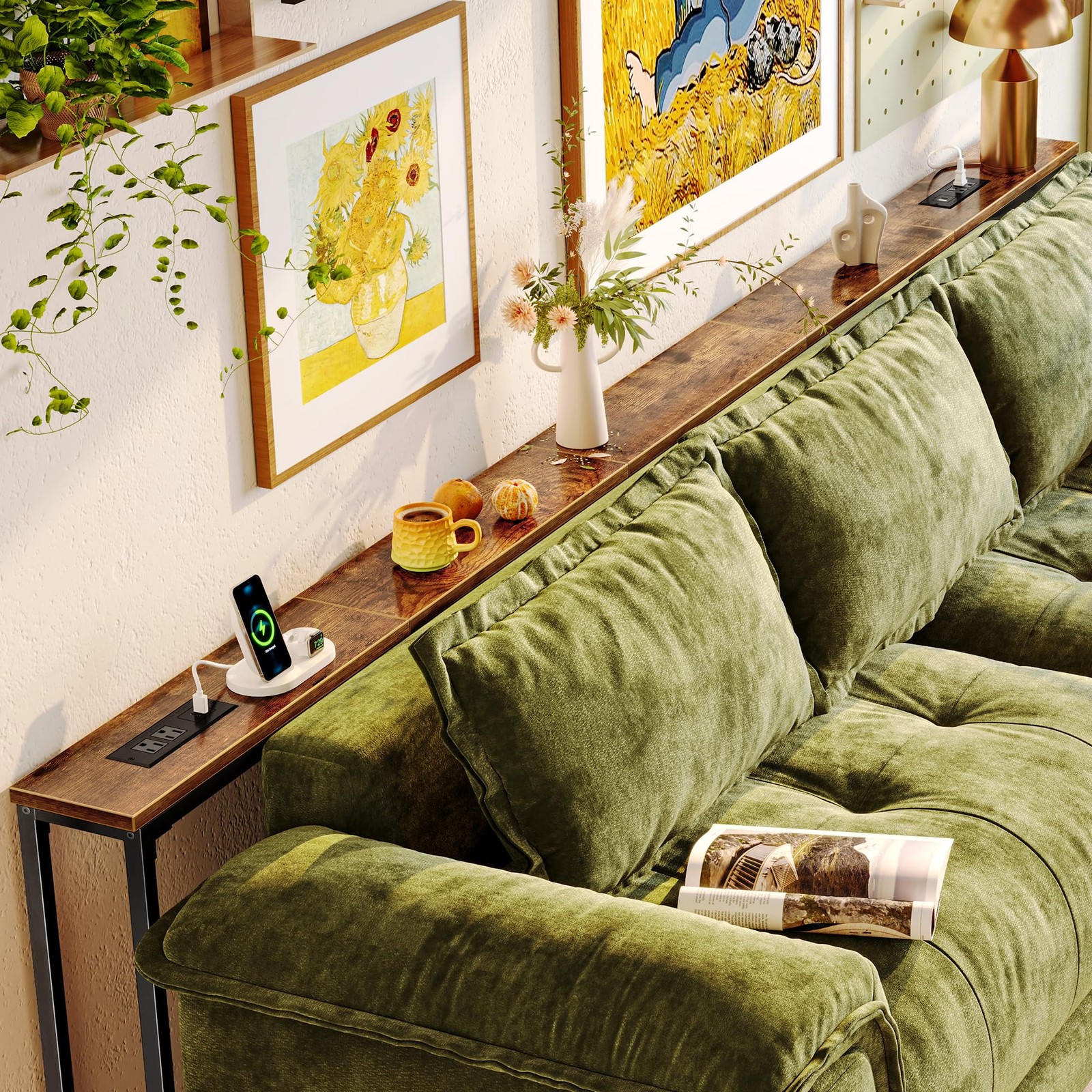 Huuger 110.2 Inch Behind Couch Table with 2 Power «W, Rustic Brown