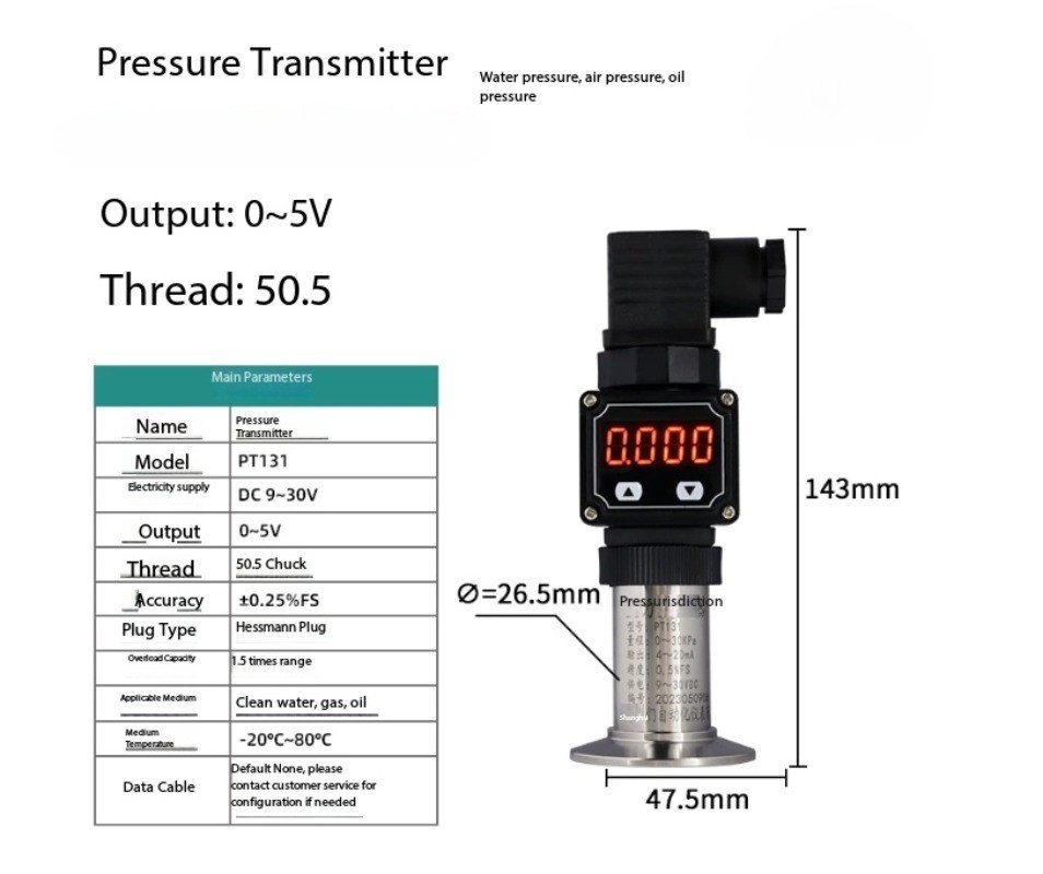 Sanitary Pressure Transmitter Flat Diaphragm Quick-Connect Chuck Pressure Sensor