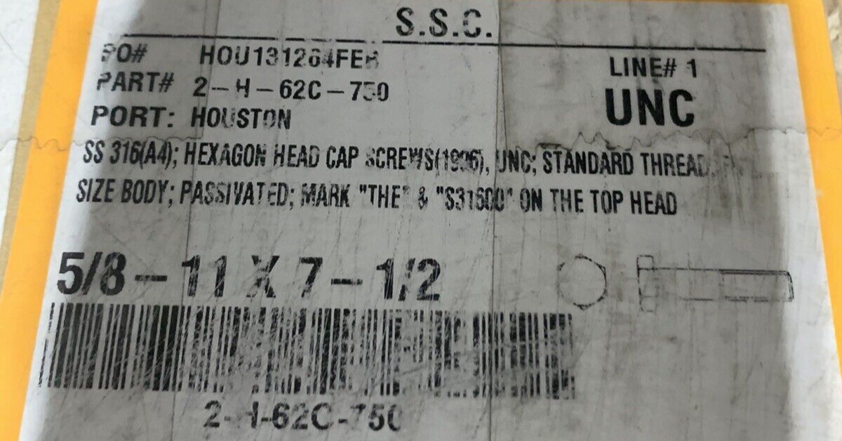 (20) 5/8″-11 x 7 1/2 Marine Grade 316 Stainless Steel Hex Cap Screw Bolt