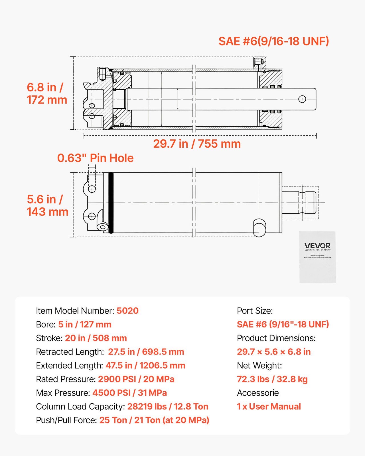 VEVOR Double Acting Hydraulic Cylinder Max 4500PSI Pressure 5″ Bore & 20″ Stroke