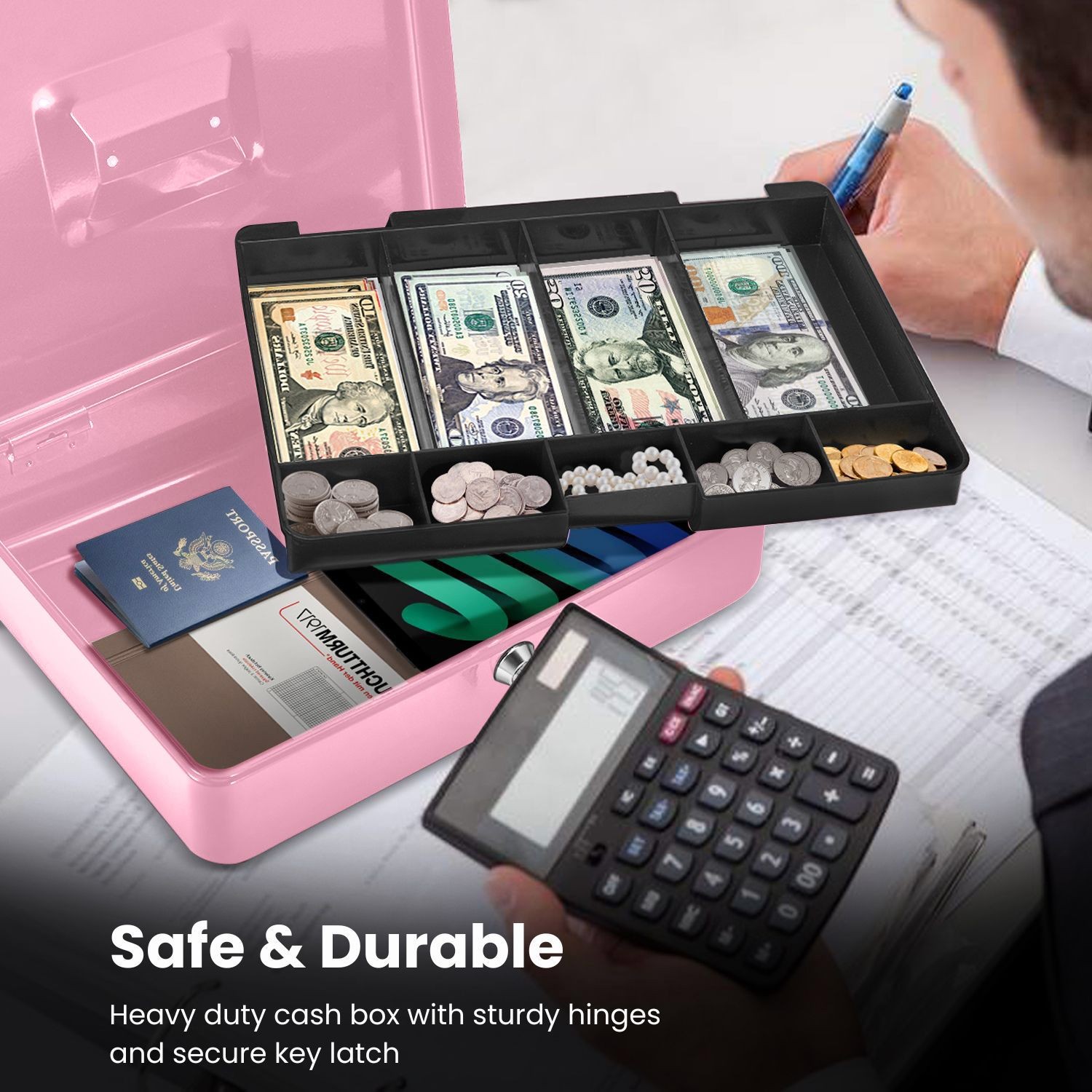 Cash Box with Money Tray, 2 Keys, Security Lock Box w/ Removable 9 Compartment