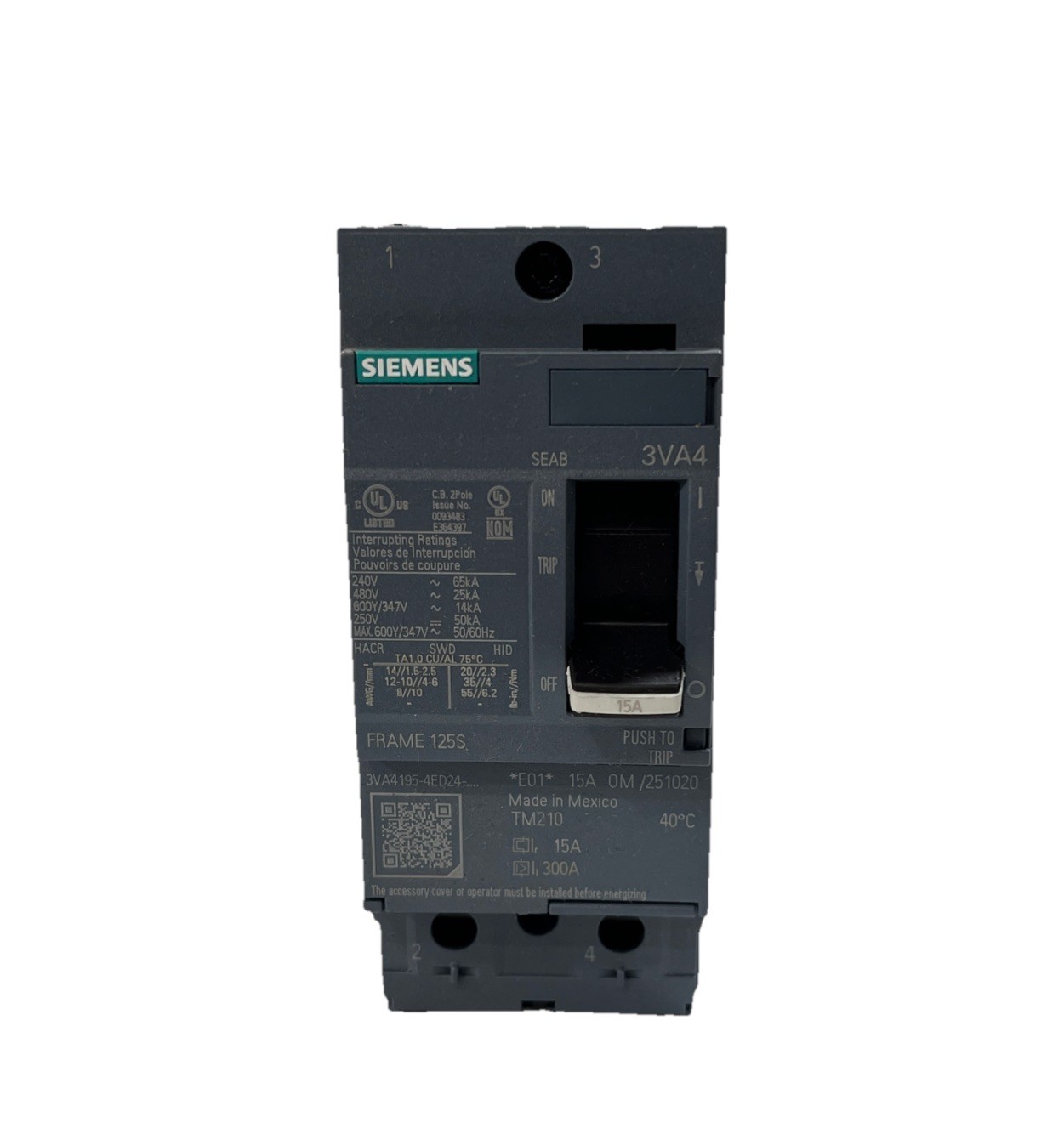 Siemens 3VA4195-4ED24-0AA0 15A 2p 600Y/347V Molded Case Breaker