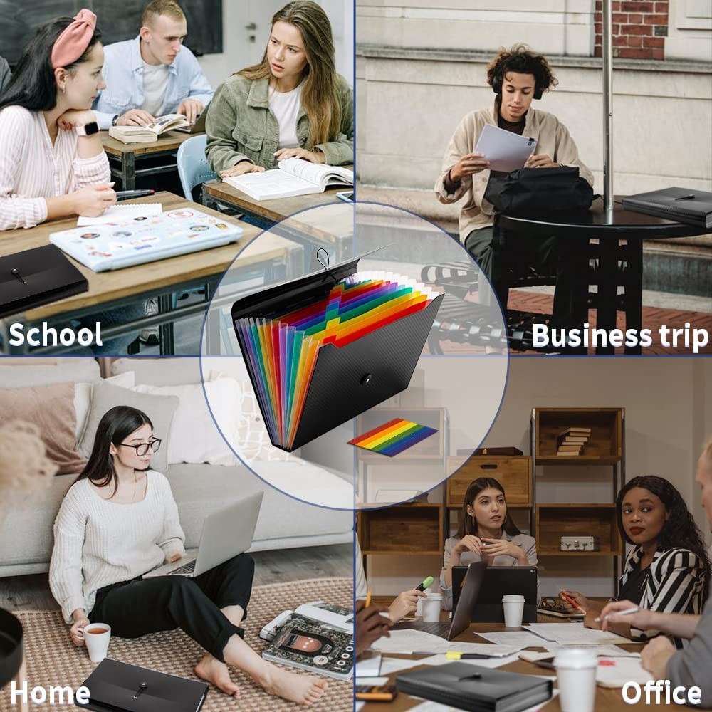 Expanding File Folder, 13 Pockets 12.99”×9.45”×1.77”, Black+multicolor