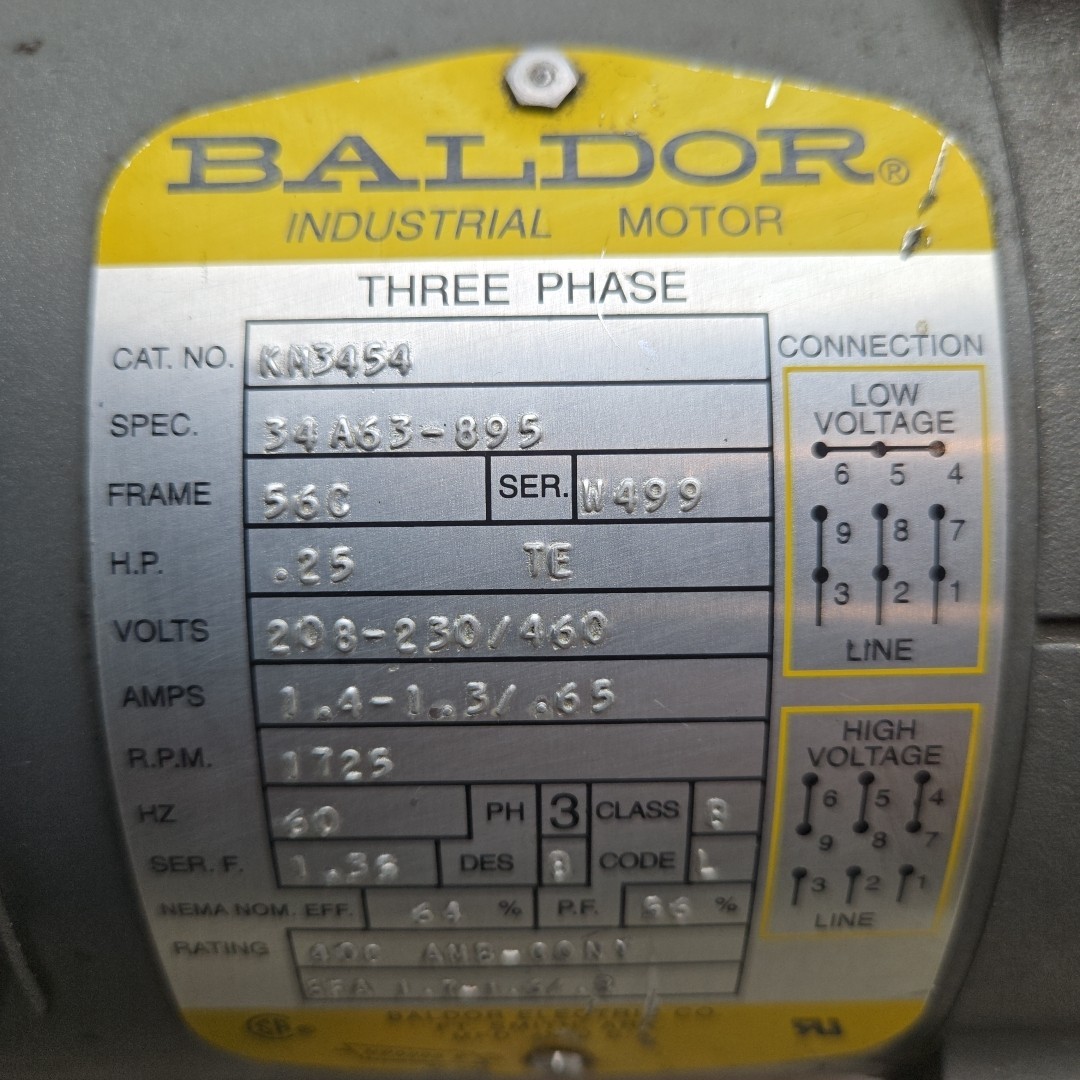 Baldor KM3454 Industrial Electric Motor 1/4 Hp 1725 Rpm 230/460 Volt 3Ph 56C Fra