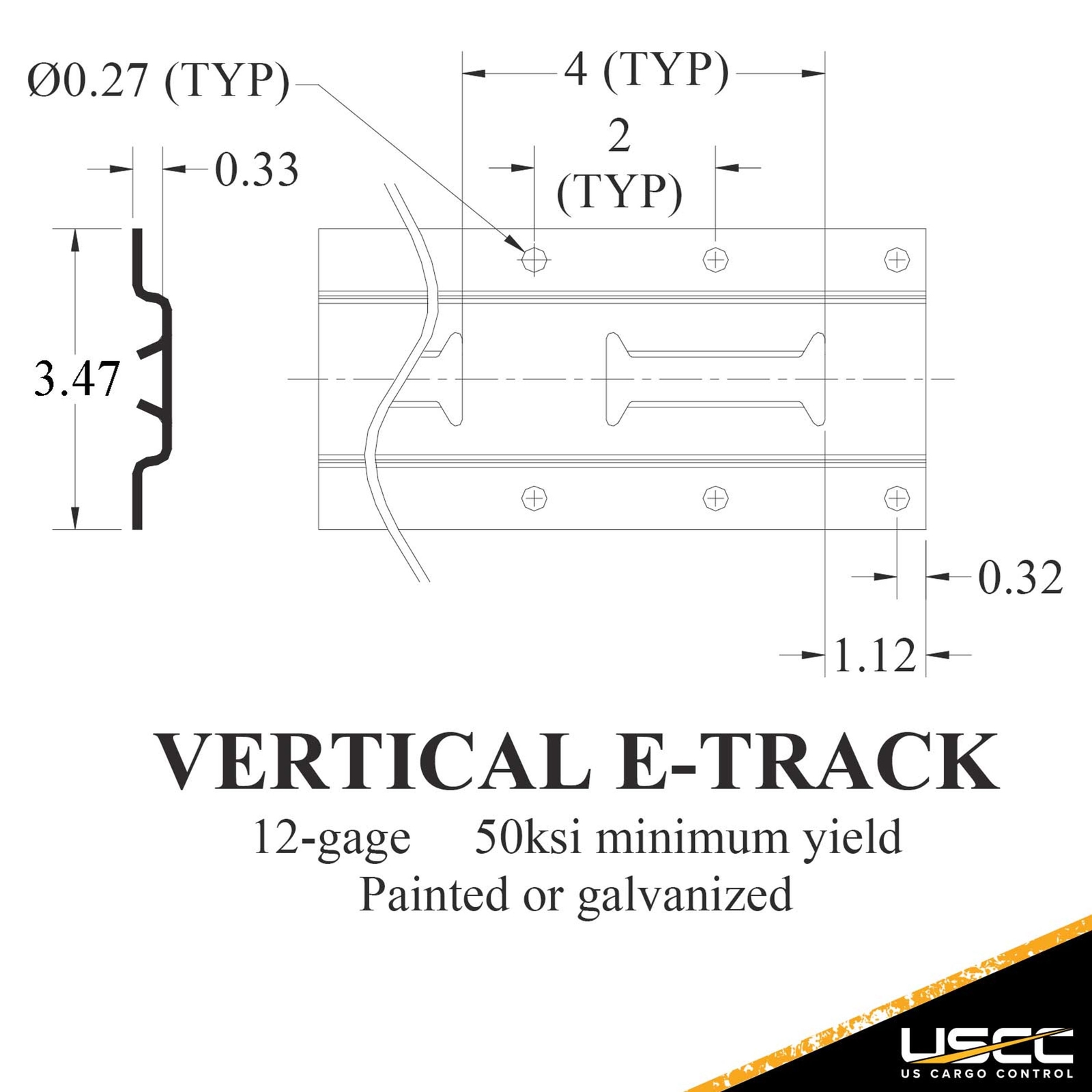 USCC 5′ Vertical E Track – Gray Powder Coated Finish – 12 Gauge Steel – 2PK