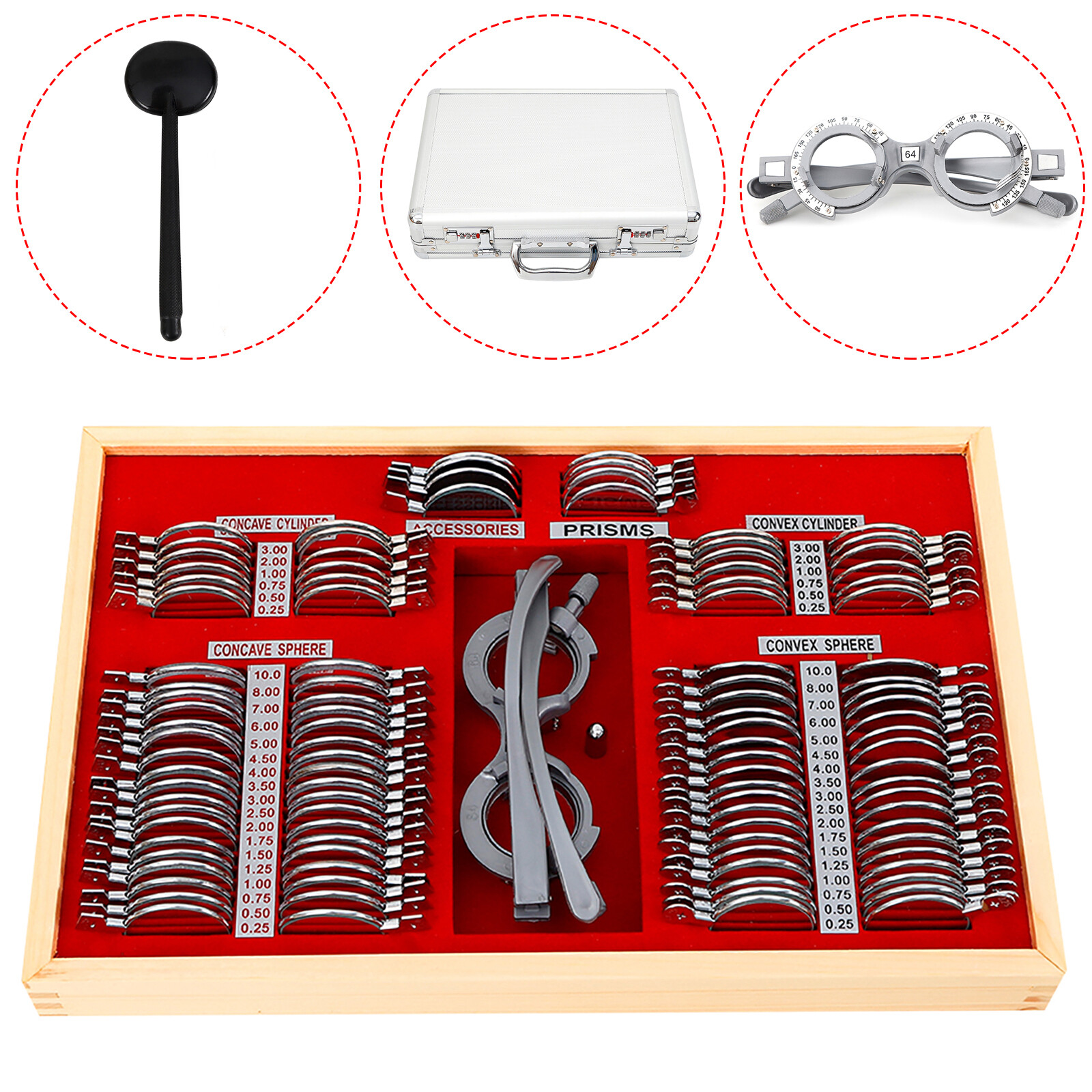 104pcs Optometry Optical Trial Lens Kit Test Metal Trial Frame Set w/Case Box