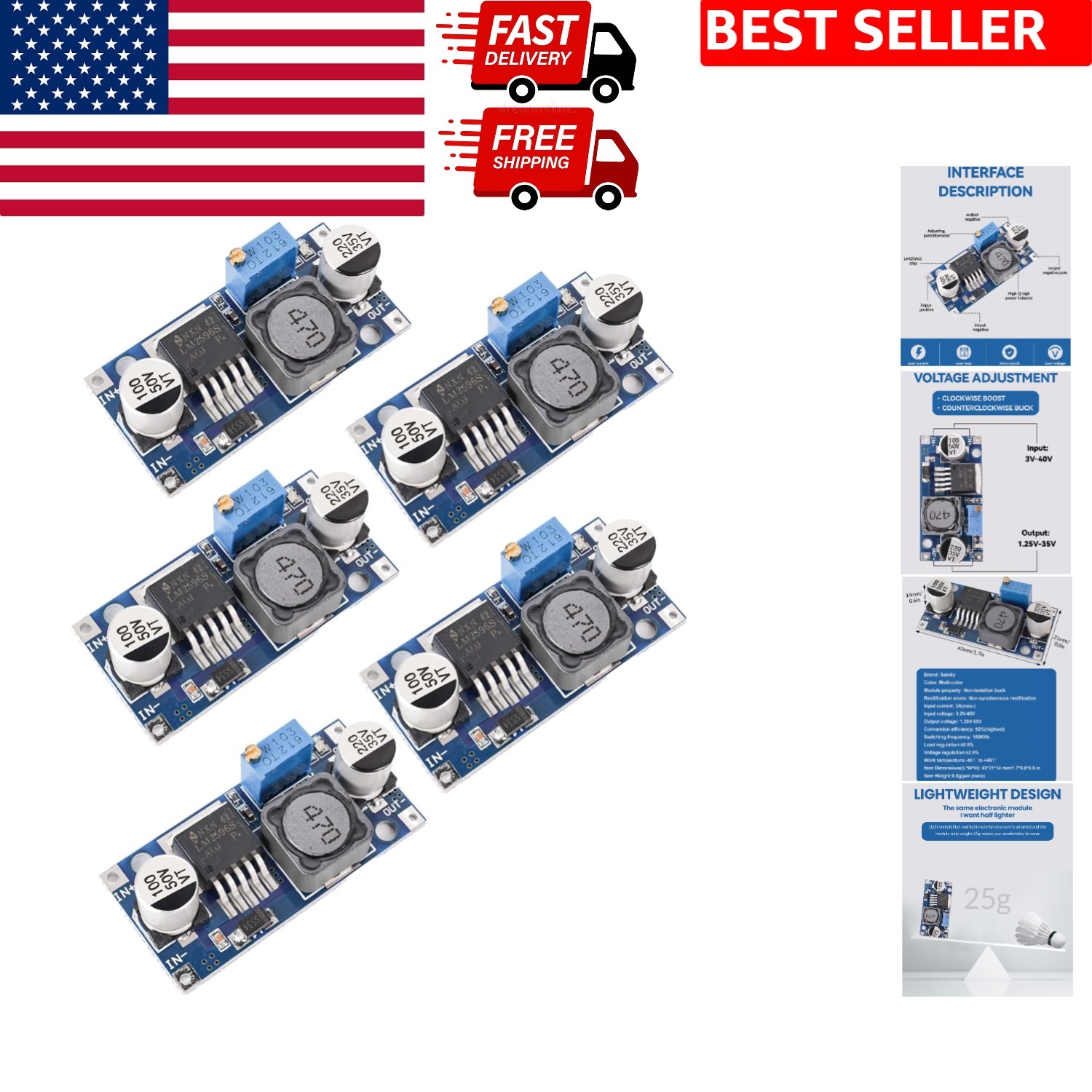 5-Pack Adjustable DC-DC Buck Converters 3-40V to 1.5-35V