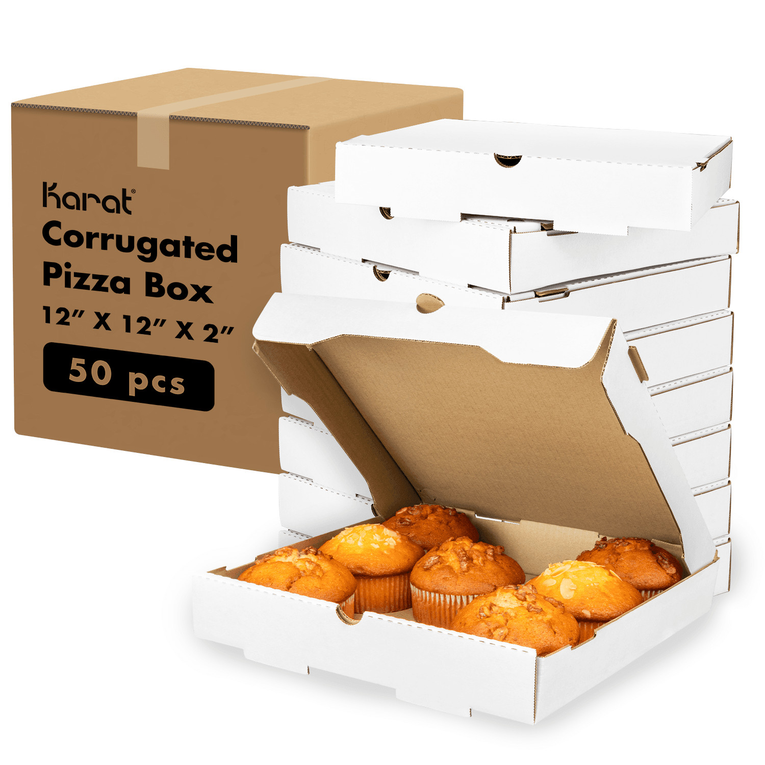 Karat Corrugated Pizza Box, 12”x12”x2”, White – 50 pcs, FP-PBF12W
