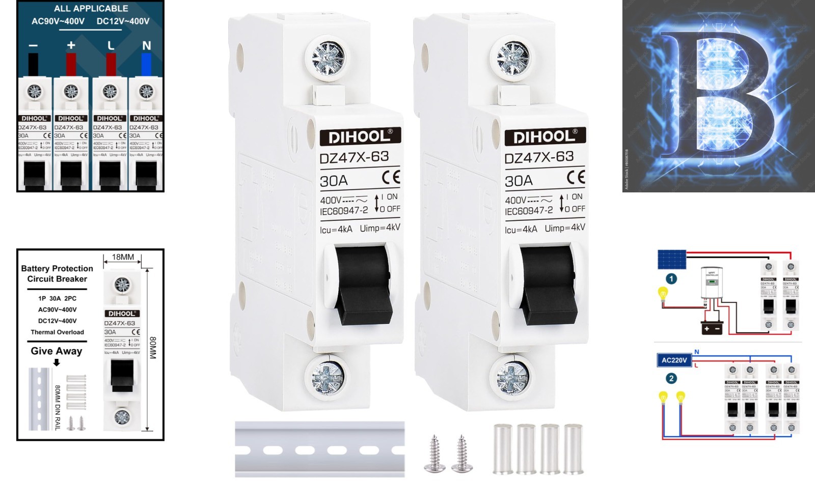 AC/DC Miniature Circuit Breakers 30 Amp, Quick Trip Solar Disconnect Switch Pack