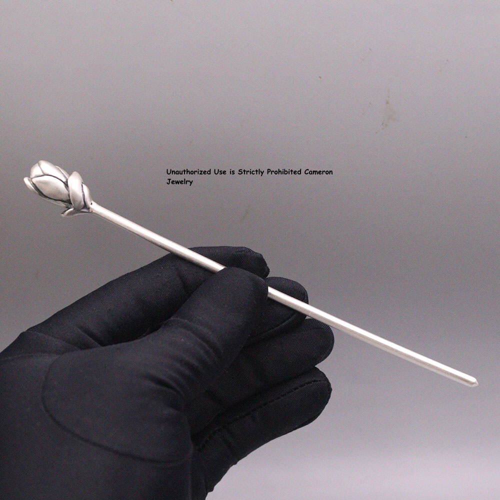 Pure S999 Fine Silver Hairpin Daily Carved Lotus Flower Hair Stick 24-25g 6.14in