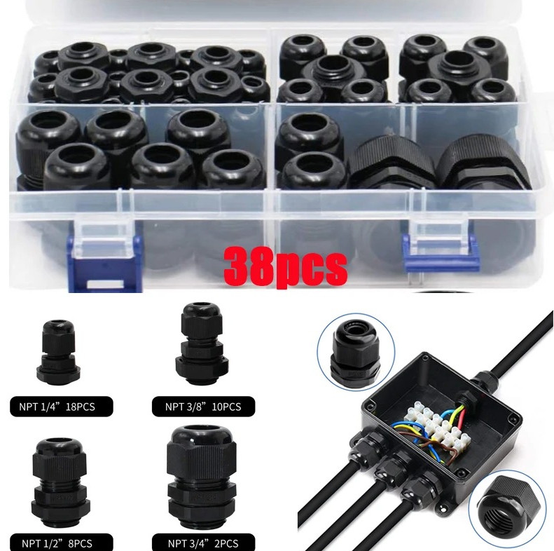 38pcs Waterproof Cable Glands Nylon IP68 Wire Connector Set PG7 PG9 PG13.5 PG21