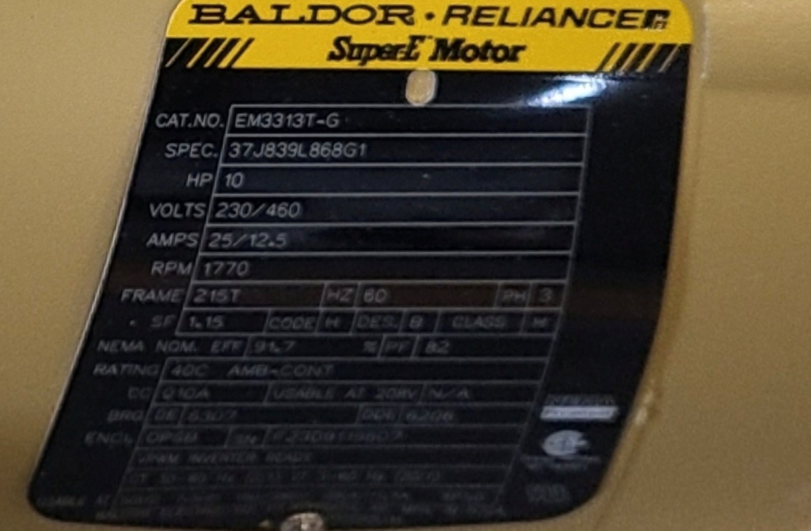 122/CHATT BALDOR EM3313T-G 10HP 1770 RPM 3PH 60HZ 215T OPSB F1 Super E Motor