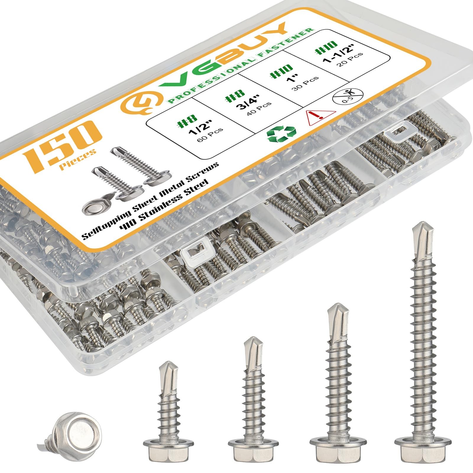 VGBUY 150Pcs Self Drilling Screws Assortment Kit, 410 1.5 inches, Silver