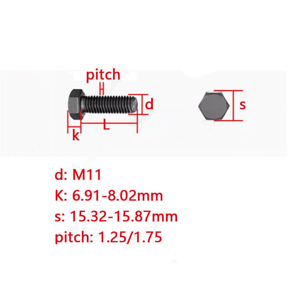 M11 Black 8.8 Steel Hexagon Head Bolts Screws Pitch 1.25/1.75