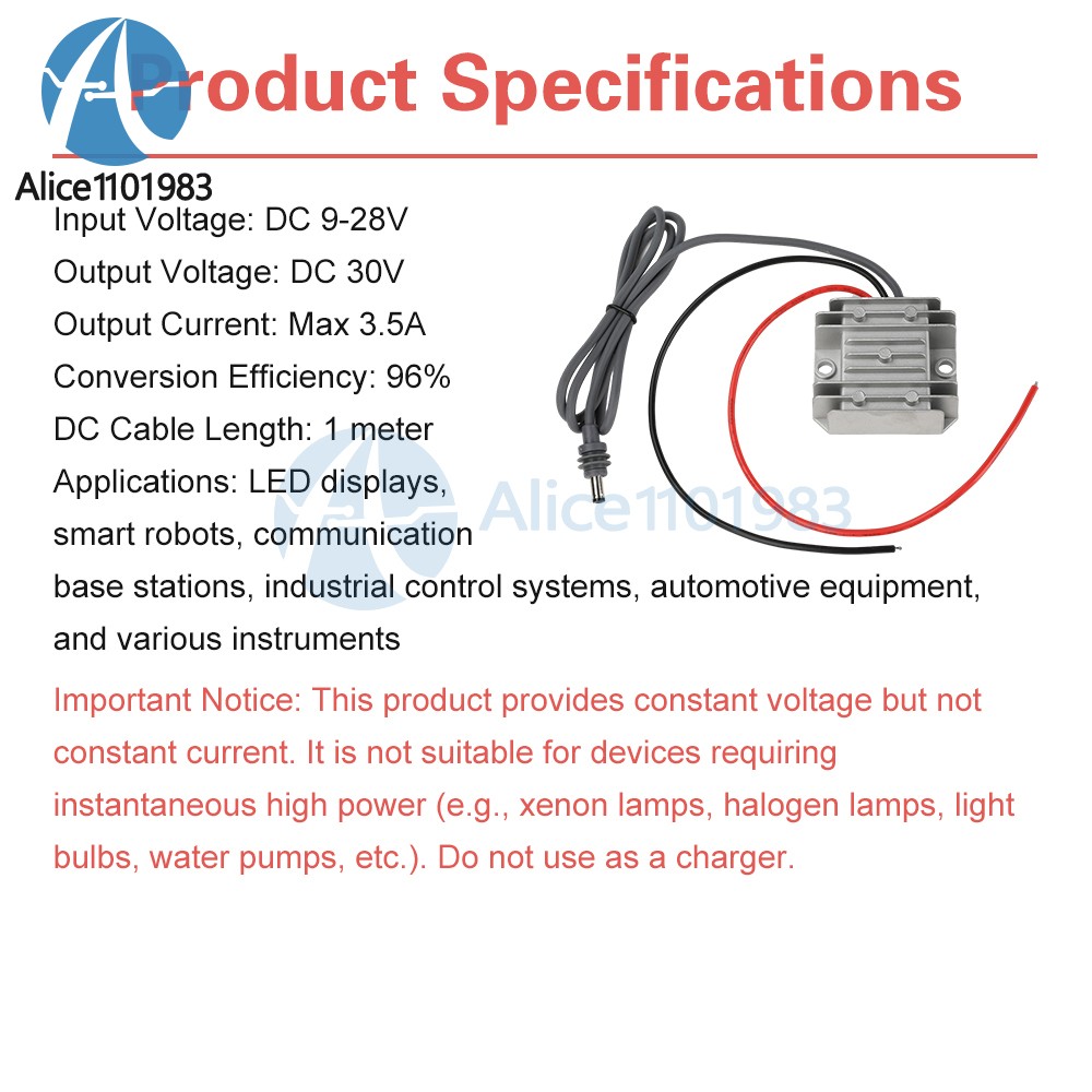 DC 12V24V to DC 30V 3.5A Power Cord Converter Boost Conversion Module Waterproof