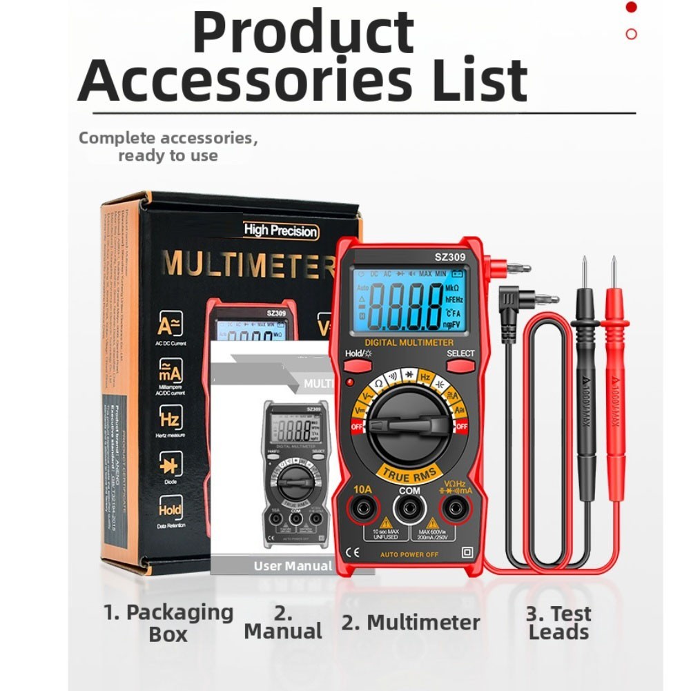 Digital Multimeter with Backlight and Auto Power Off for AC DC Voltage Current