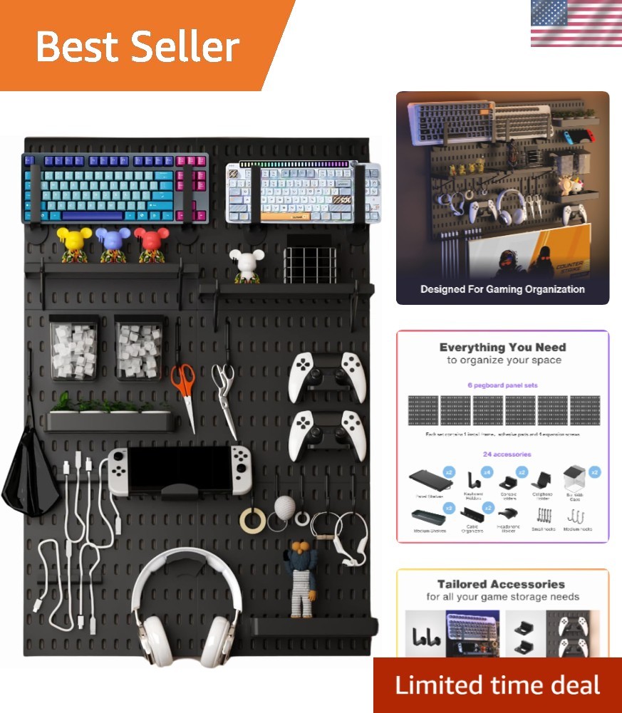 33″×22″ Durable Gaming Pegboard Wall Organizer with Accessories – Modern Black