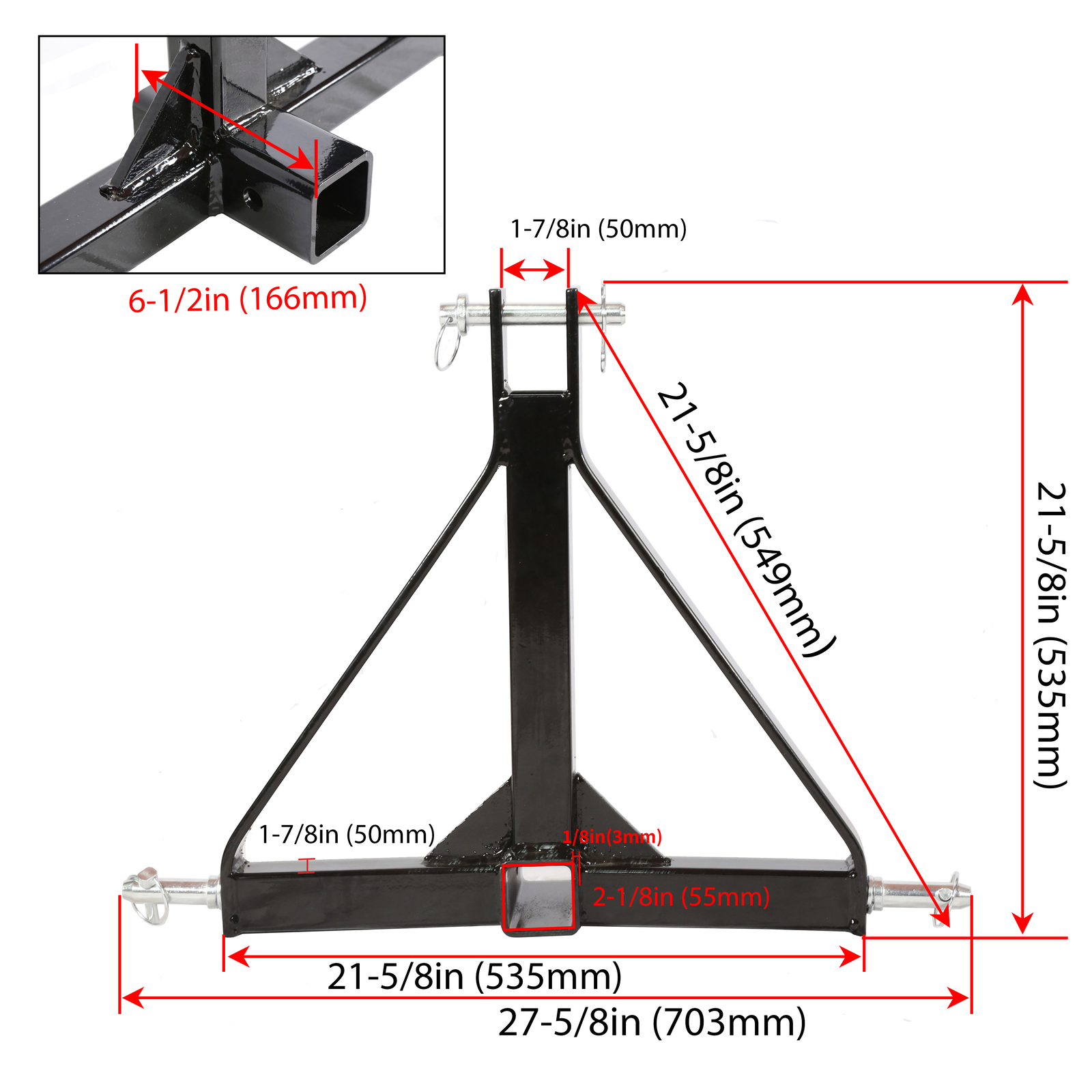 New 3 Point 2″ Receiver Trailer Hitch Drawbar Adapter Category One Tractor Black