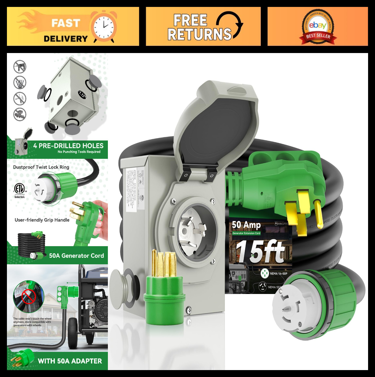 50 AMP Generator Inlet Box & 15FT Cord Kit | ETL Listed, Pre-drilled Power Box,