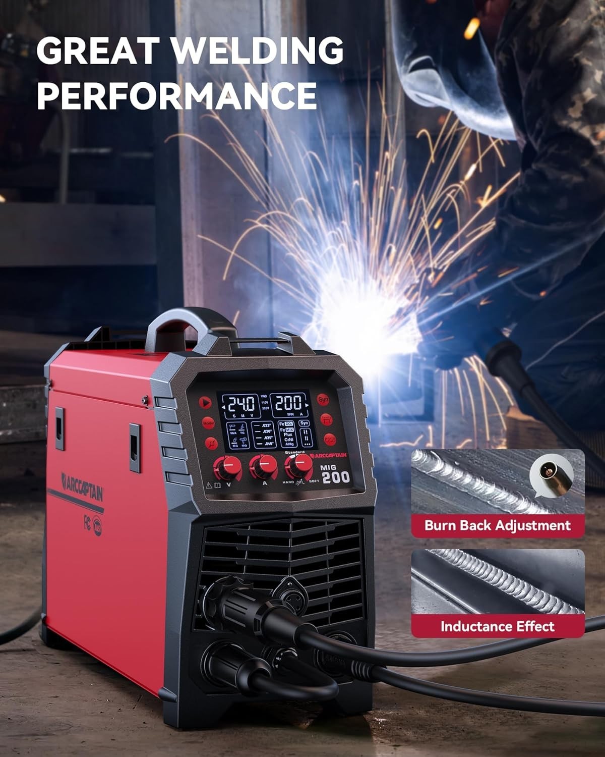 ARCCAPTAIN MIG Welder 200Amp 6 in 1 Gas MIG/Gasless Flux Core MIG/Stick/Lift TIG