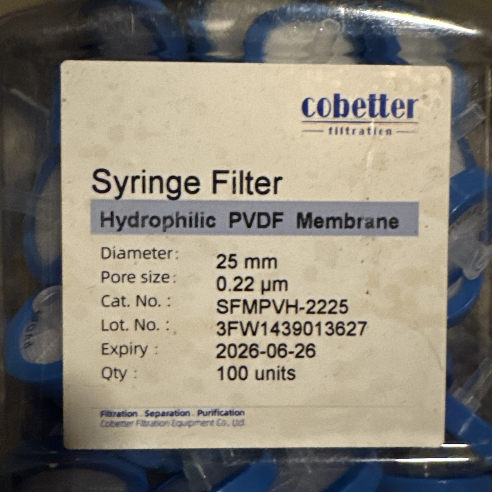 100 Pcs. PVDF MEMBRANE Syringe Lab Filters 0.22um Pore Size 25 mm Hydrophilic