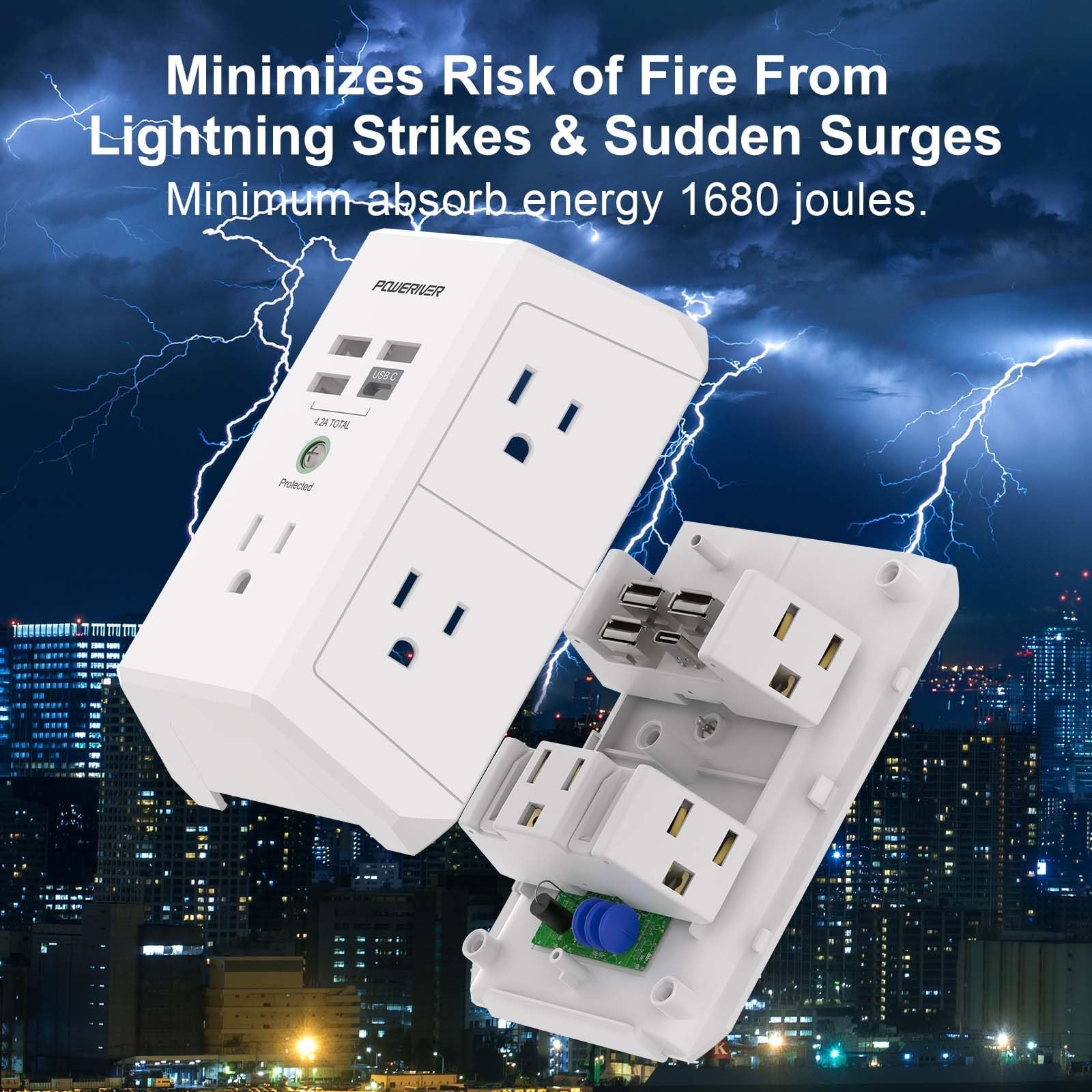 Usb Wall Charger, Multi Outlet Extender Surge Protector With 4 Usb Ports, 1680j