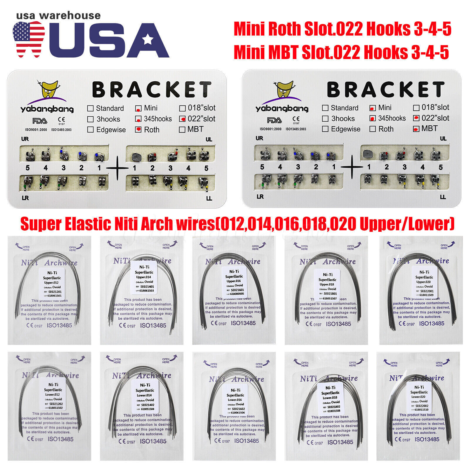Dental Orthodontic Mini/Standard Bracket Braces / Elastic Niti Arch Wires Up/Low