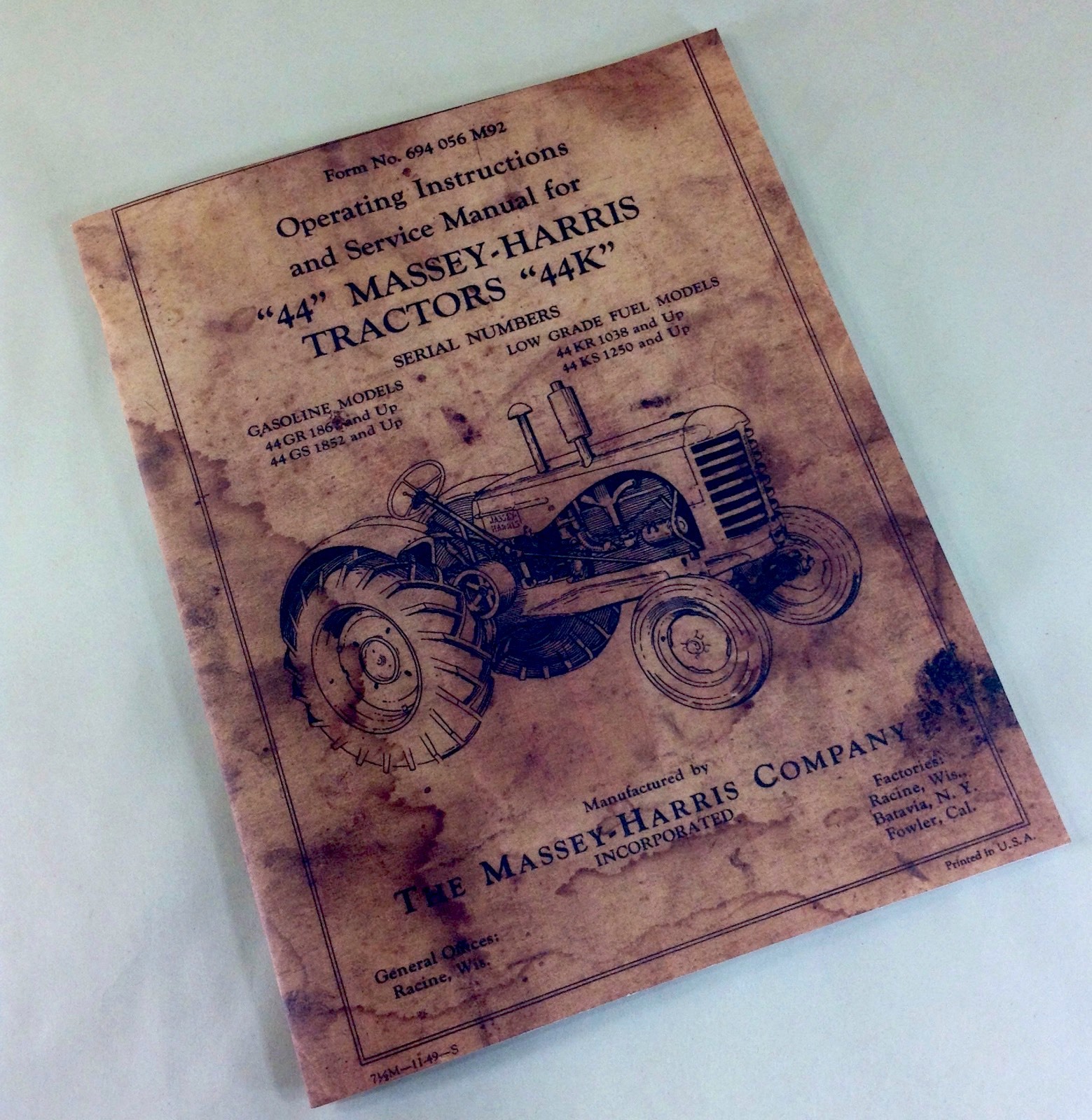 Massey-Harris 44 44K Tractor Operators Operating Service Manual Intructions