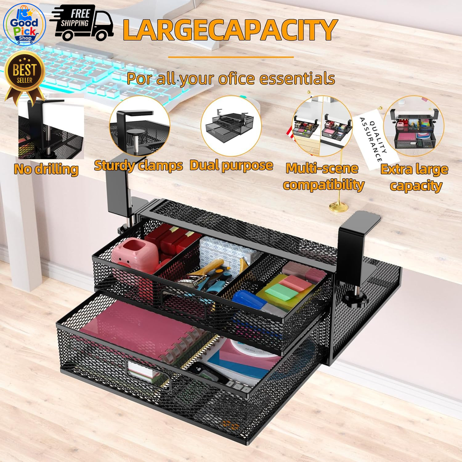 Cankm Under Desk Drawer Organizer 2 Slide Out Metal Clamp On Storage Mesh Office