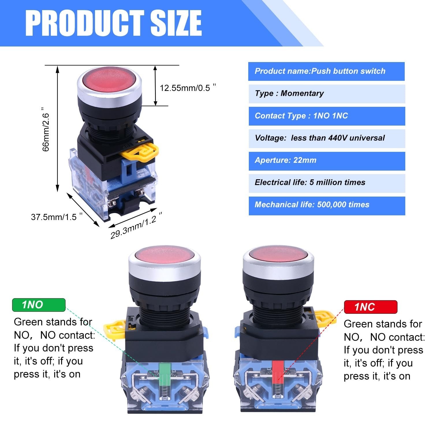 Taiss 3 Pack 22mm Momentary Push Button Switch 10A 440V DPST
