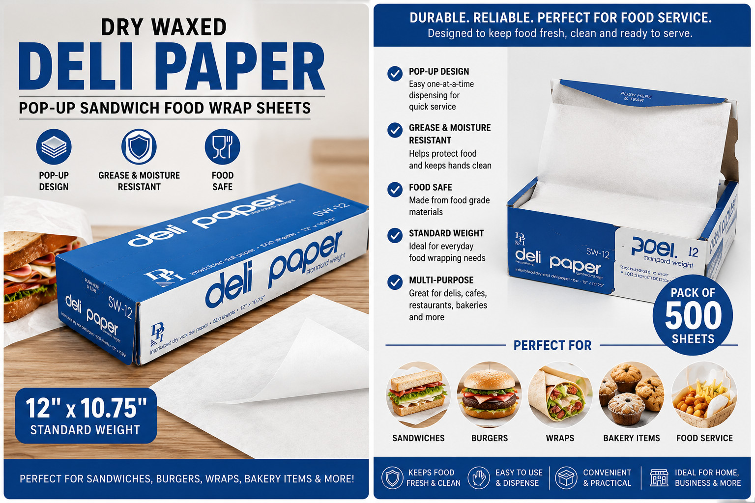 12×10.75 Dry Waxed Deli Paper Pop Up Sandwich Food Wrap Sheets 500 Pack