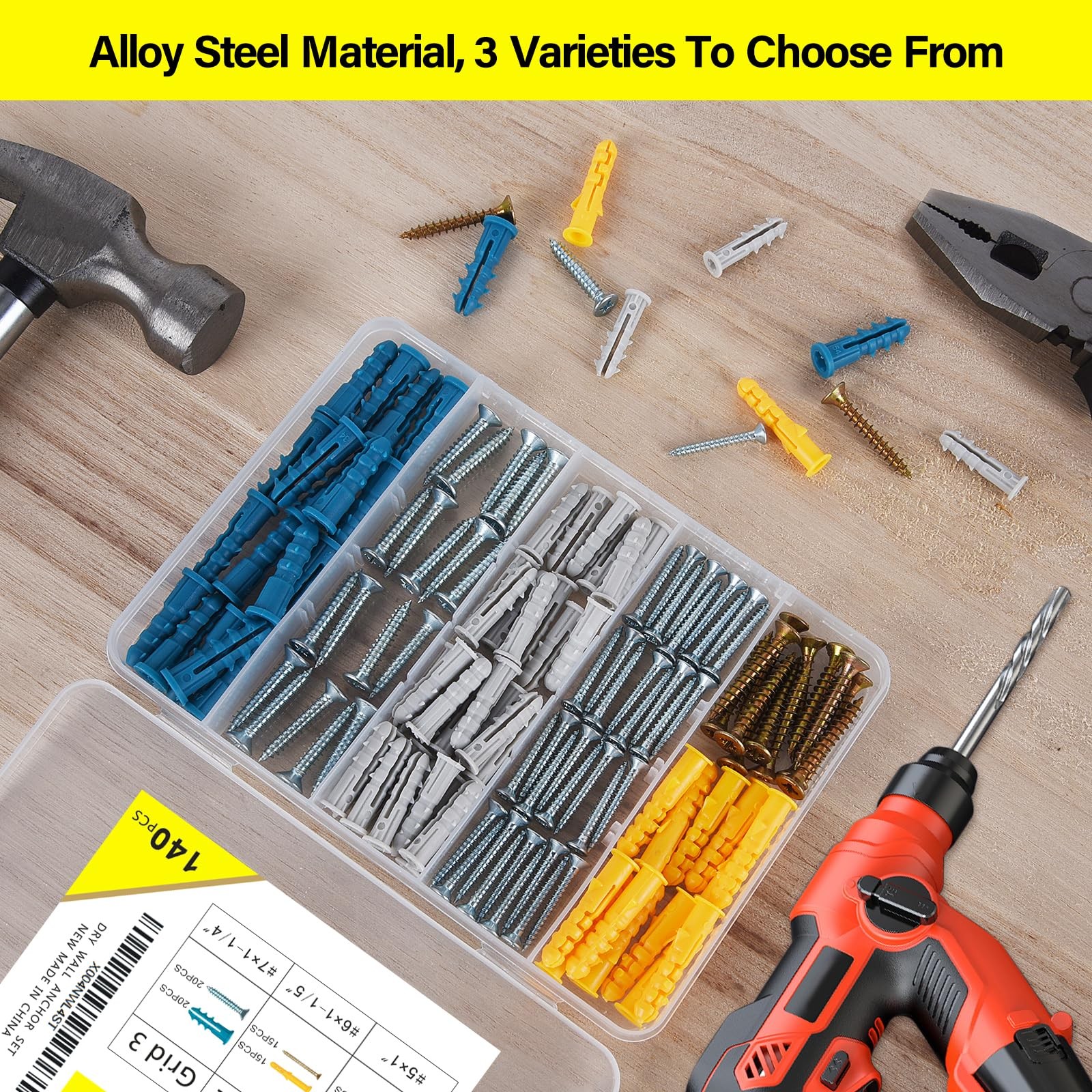 140PCS Drywall Anchors & Screws Kit – 3 Sizes Plastic Wall Anchors Assortment