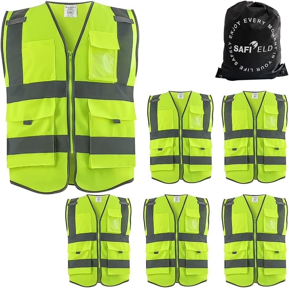High Visibility Safety Vests 6-Pack with Free Drawstring Bag – Unisex, Durable