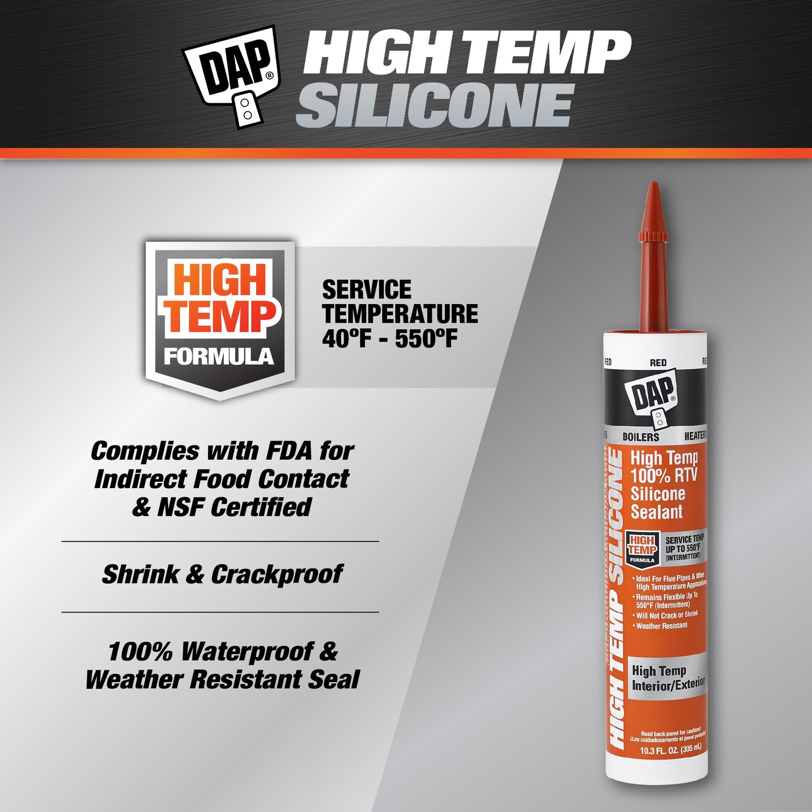 DAP High Temp 100% RTV Silicone Sealant, 10.3 Oz, Red