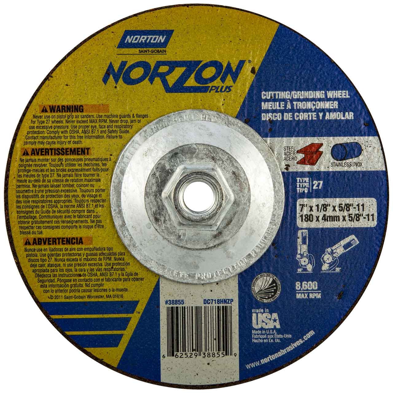 Norton 66252938855 7×1/8×5/8-11″ NorZon Plus CA/ZA Grinding Cutting Wheel 10 pk