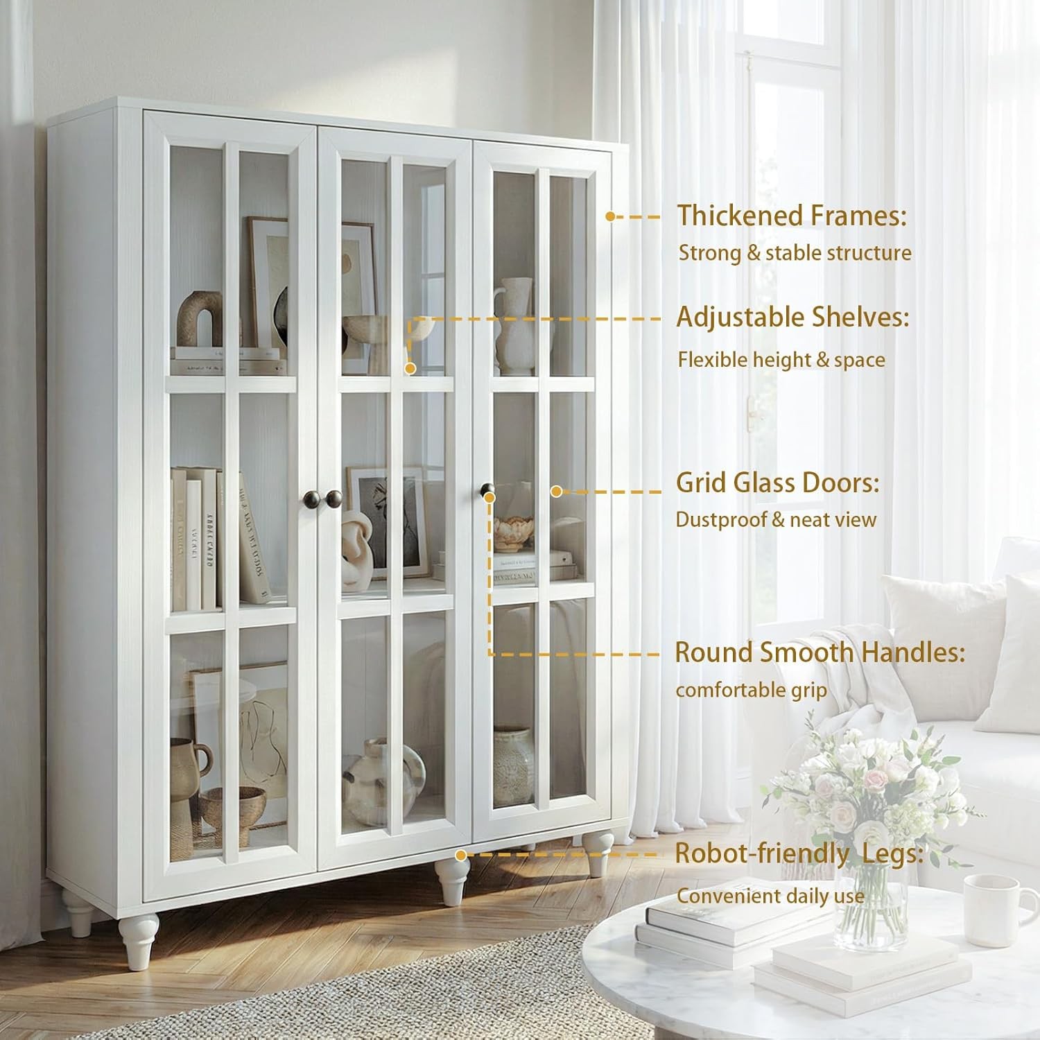 51 Inch Display Bookshelf, 3 Tier Wood Bookcase with 3 Glass Doors &