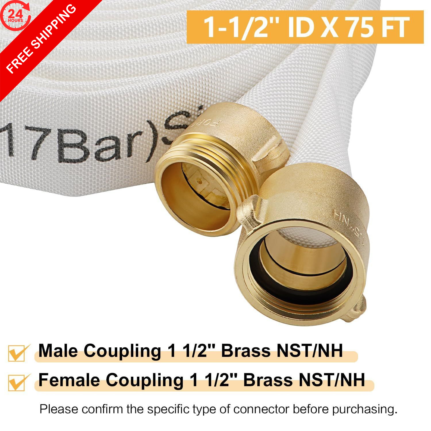 Venussar Fire Hose,1-1/2″ ID X 75 FT, Single 1-1/2″ X 75 FT(NST/NH), White