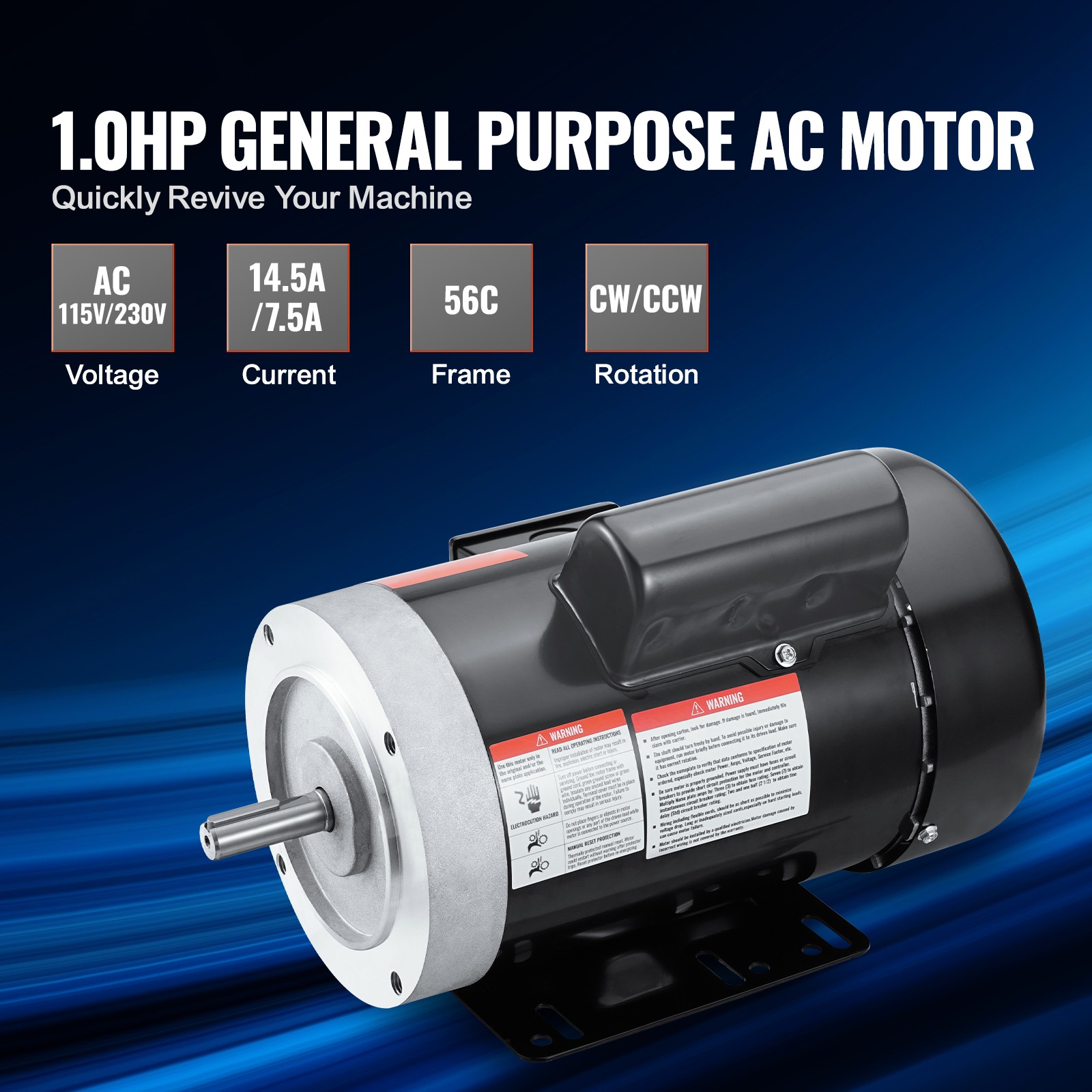 Uimoso 1HP Electric Motor 1725RPM AC115V/230V 56C Frame Single-Phase 5/8″ Shaft