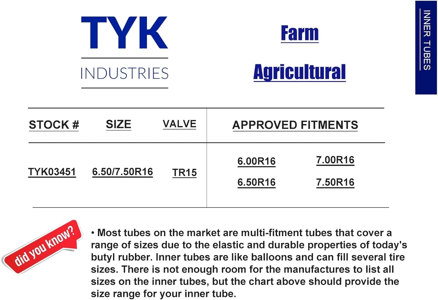 5.90-16 Farm Tractor Implement Tire Inner Tube with a TR15 Wide Base Rubber Valv
