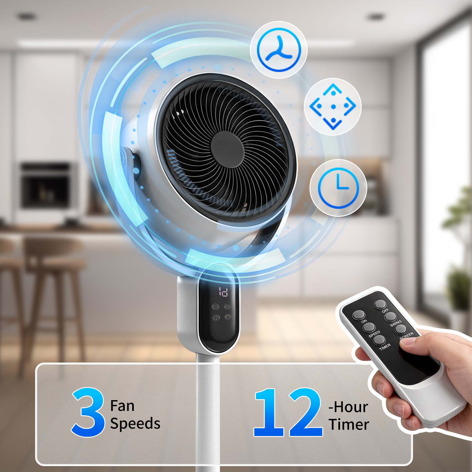 120° Oscillating Standing Fan, 33 inch 2-in-1 Air Circulator W/Remote, 3 Speeds