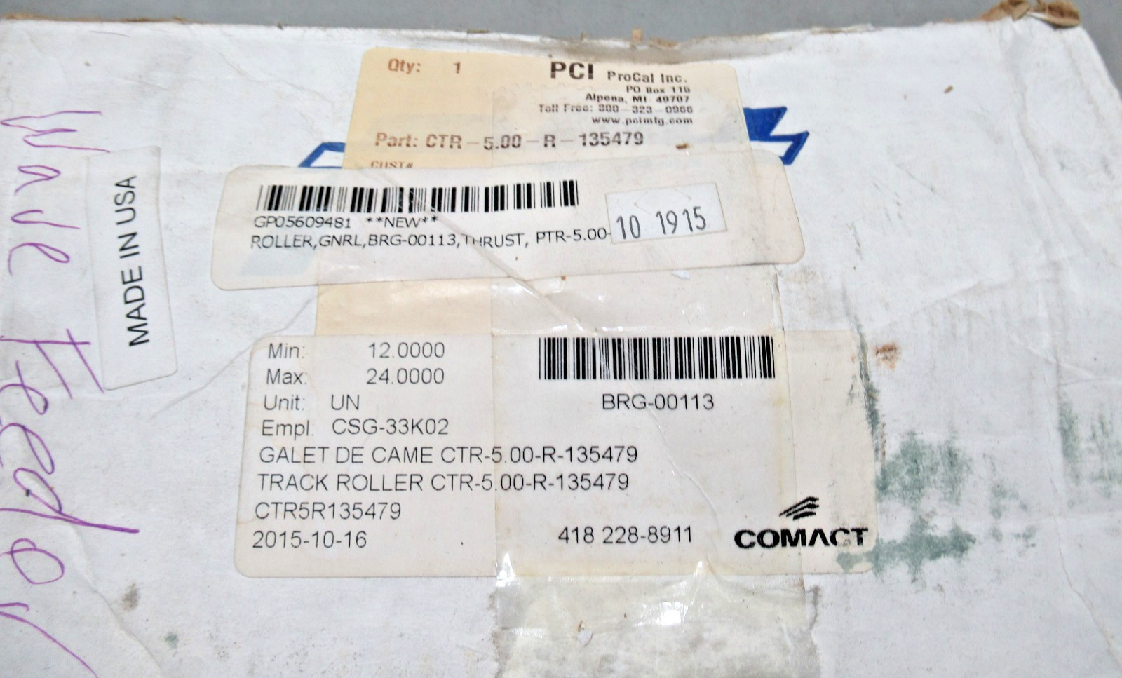 PCI ProCal Inc PTR-5.00-R-135479 Track Roller BRG-00113, PTR-5.00-R NEW