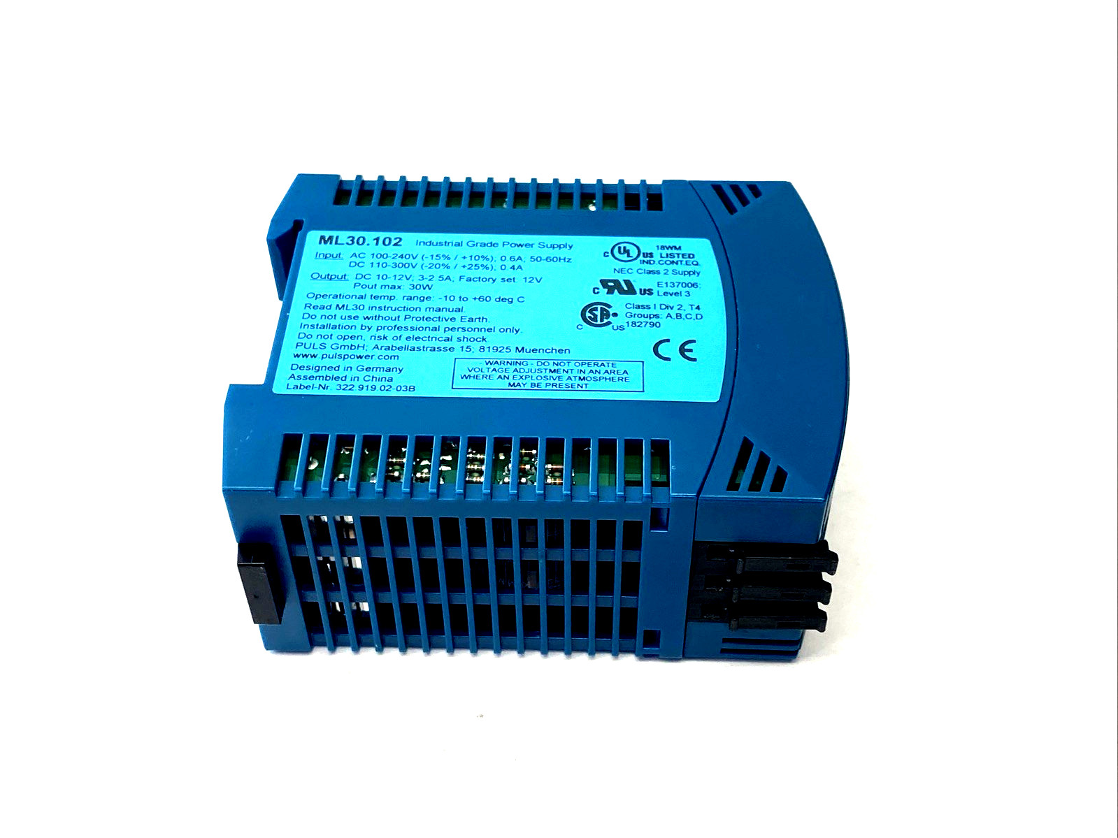 PULS ML30.102 Power Supply 1PH 100-240VAC, 10-12VDC 30W