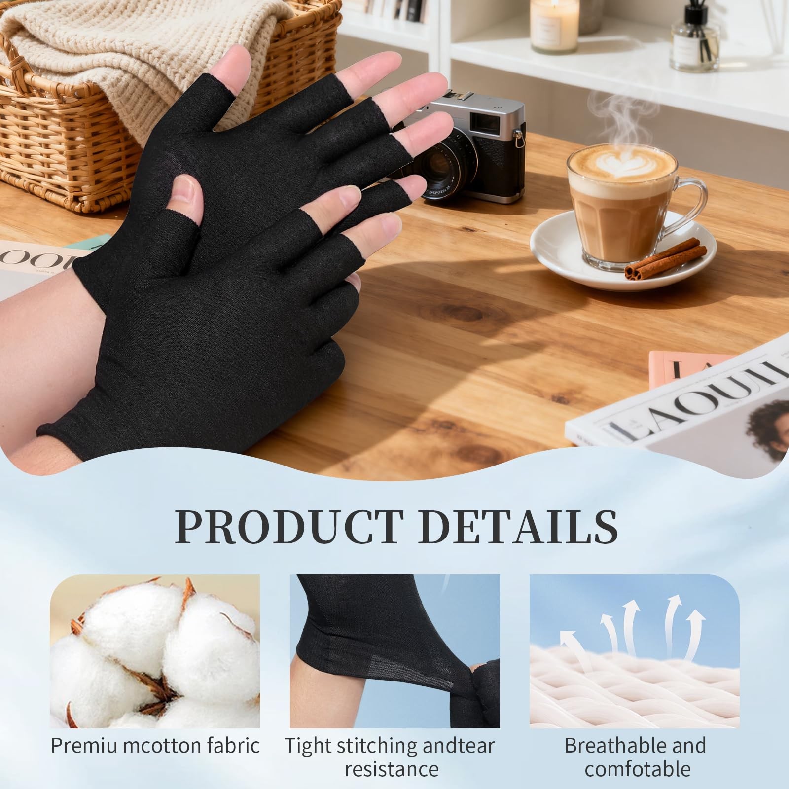 3Pairs Fingerless Cotton Gloves, Black Moisturizing Gloves