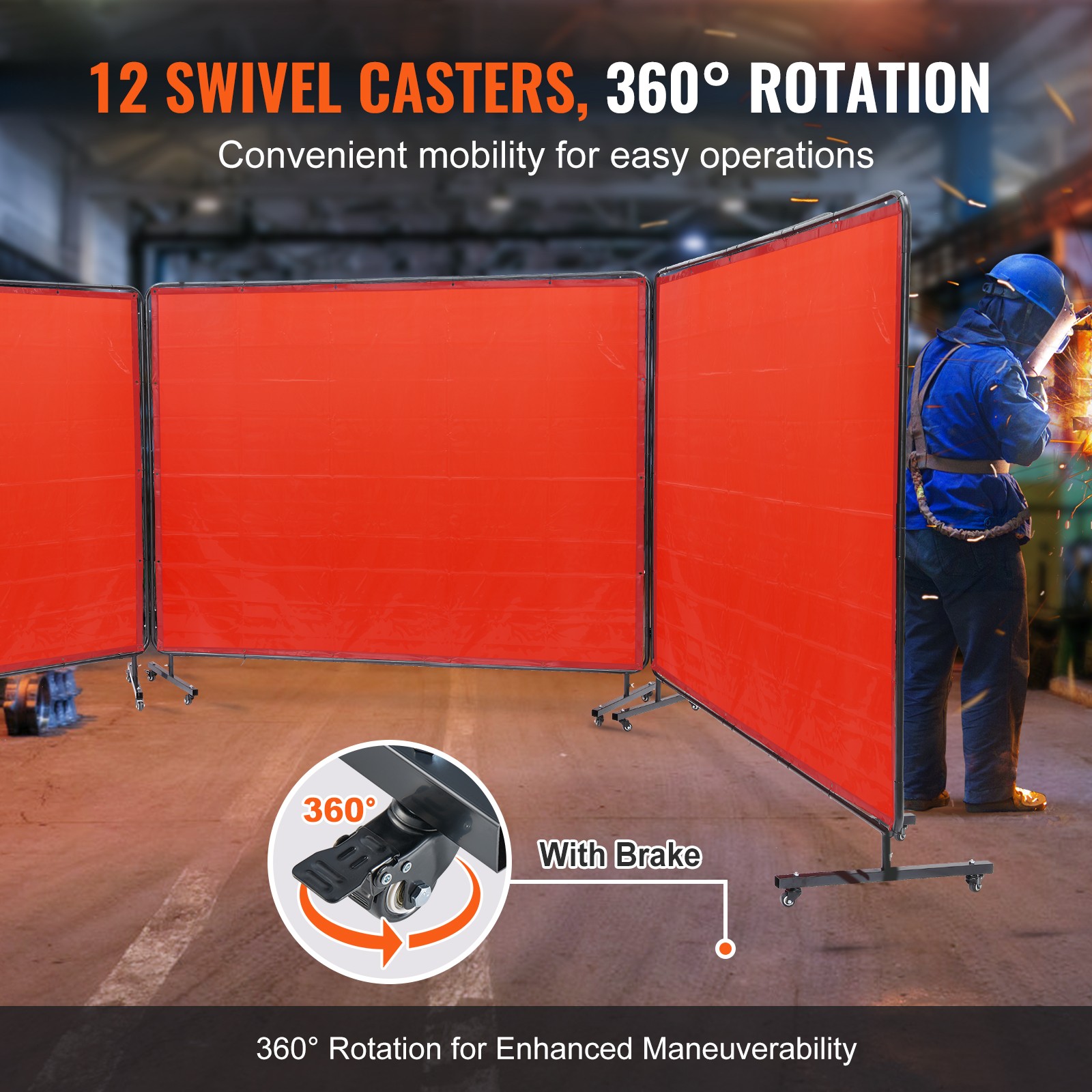 VEVOR Welding Screen with Frame 3 Panel 6′ x 8′ Welding Curtain Screen 12 Wheels