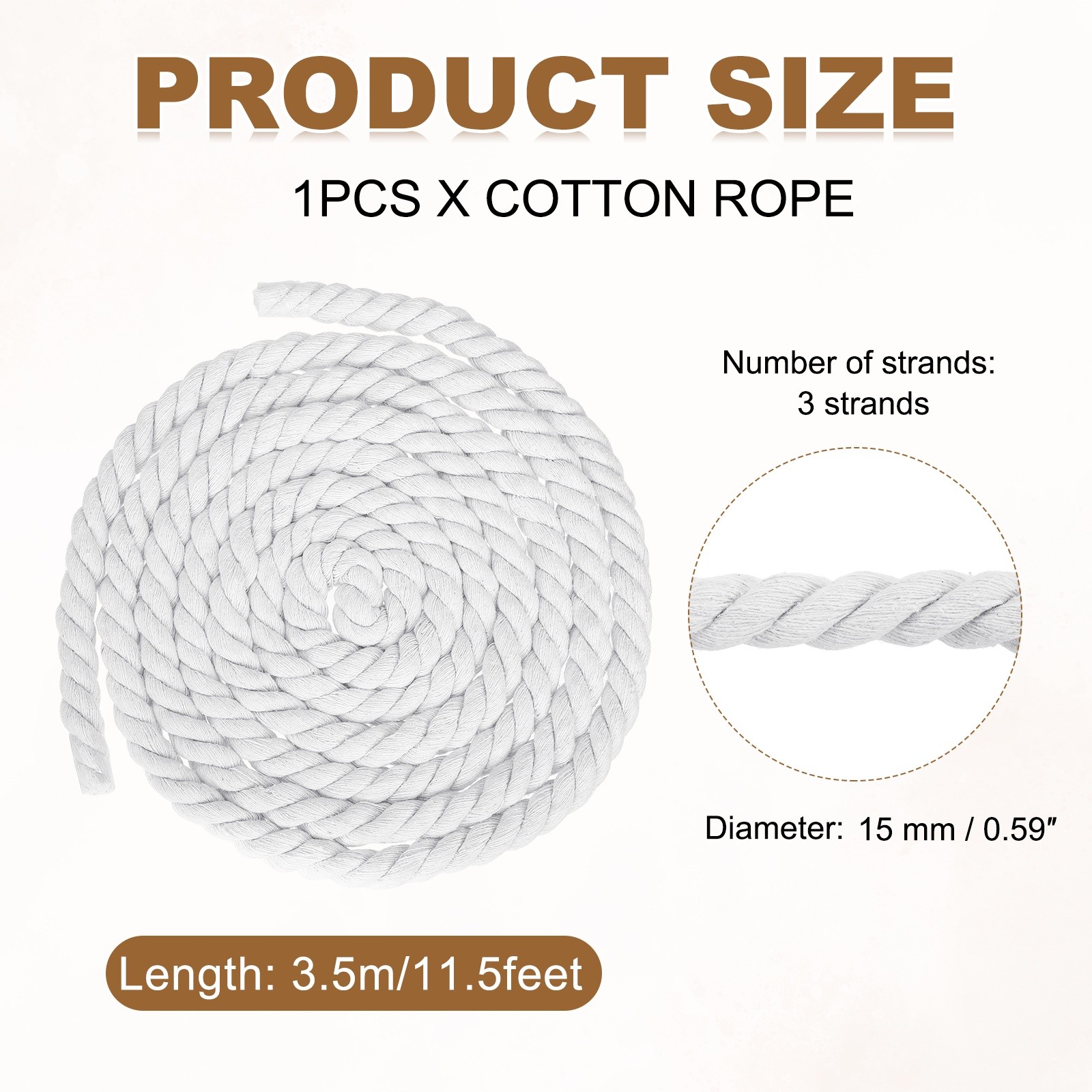 15mm x 11.5 Feet White Cotton Rope 3 Strand for DIY Wall Hanging Knotting