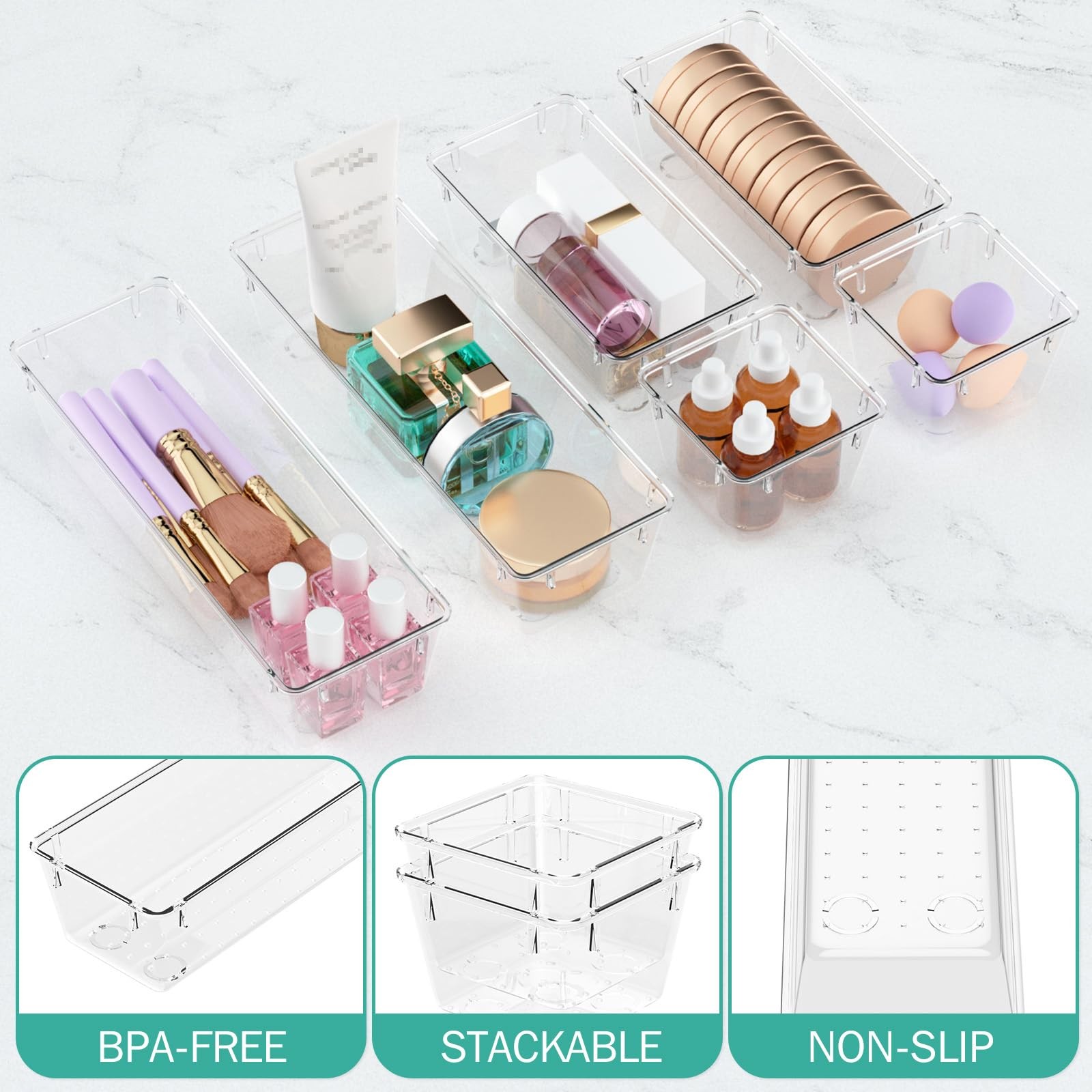 WOWBOX 6 Pack Clear Drawer Organizer Set, Acrylic Drawer Storage Trays, Stora…