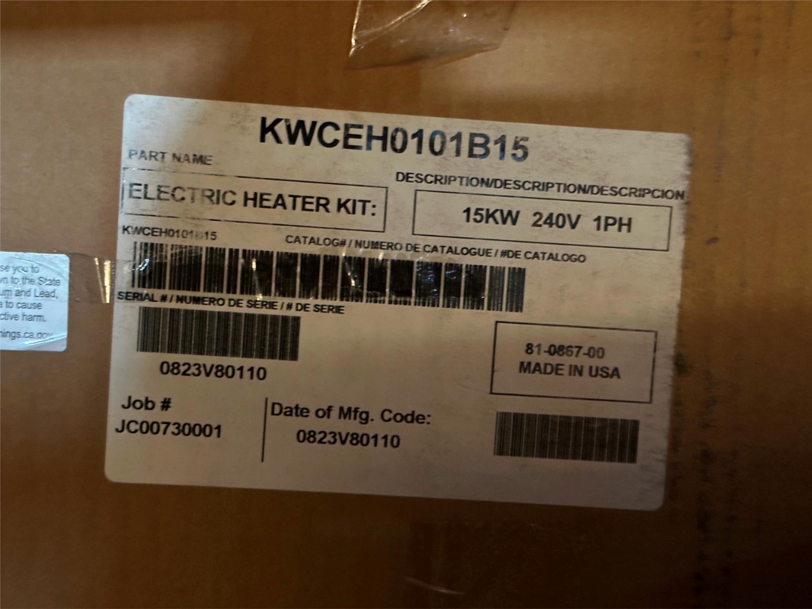 Carrier Infinity 15kW 240V 1PH GT GC Geothermal Heat Pump Electric Heater Kit